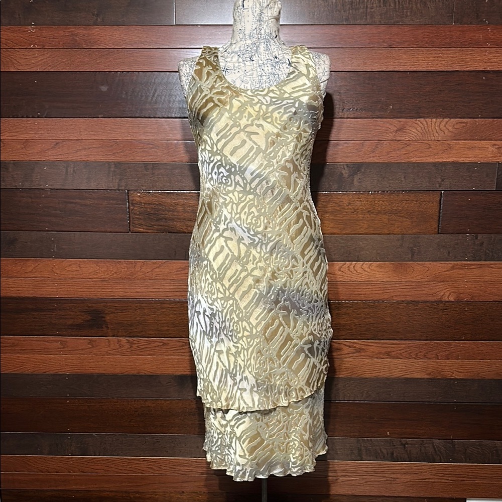 Vintage Simply Silk Scoop Neck Animal Print Gold and Silver Midi Dress